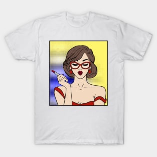 Woman in Red Comic T-Shirt